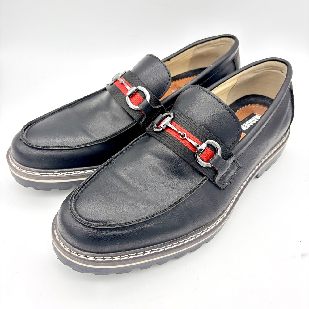 Steve Madden Karver Mens Bit Loafers Black Webbing‎ Strap Lug Sole 9.5